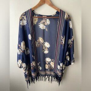 Chico’s Tasseled floral semi-sheer Navy/Cream kimono cardigan Medium open front
